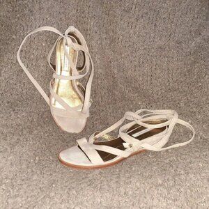 CYNTHIA VINCENT-Patience-Latte Suede-Ties-Mini Wedge Flat Sandals-Sz 8-Excellent